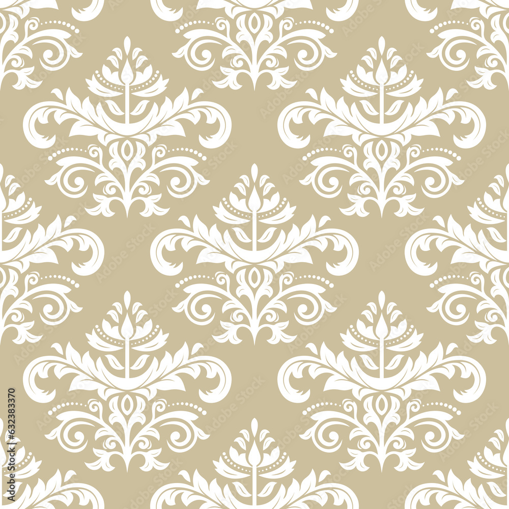 Classic seamless pattern. Damask ornament. Classic vintage background. Golden and white ornament for fabric, wallpapers and packaging