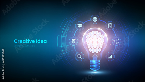 Creative Idea. Human brain in a light bulb. Business idea, brainstorming. Creative Thinking. Light bulb with brain. Creativity, innovation and inspiration technology concept. Vector illustration.