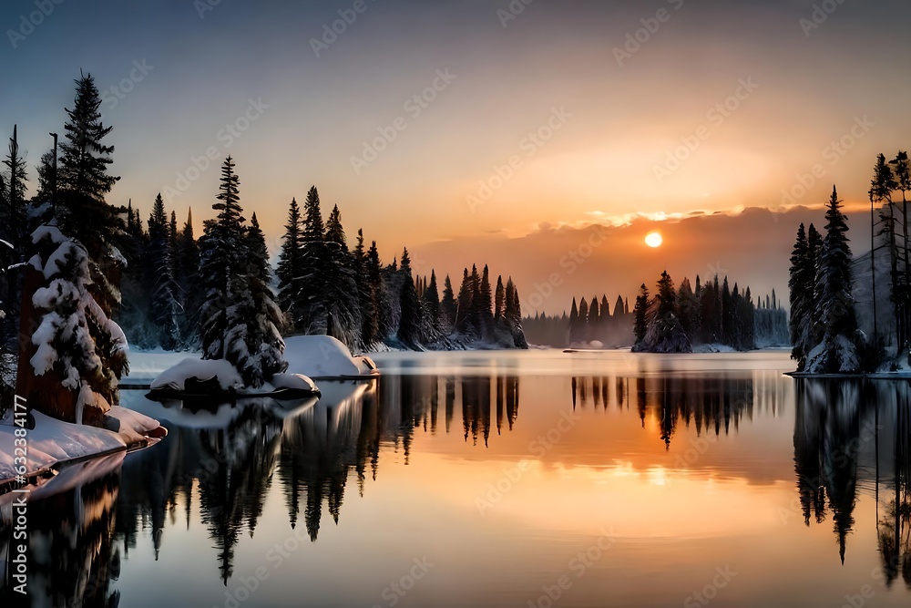 Fototapeta premium A lake surrounded by snow covered mountains under a clear sky, sunraising