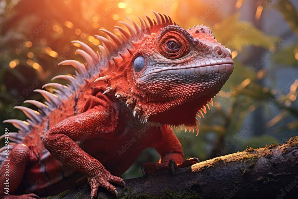 Fototapeta premium A red iguana on a tree branch in a tropical setting, spikes running down its back