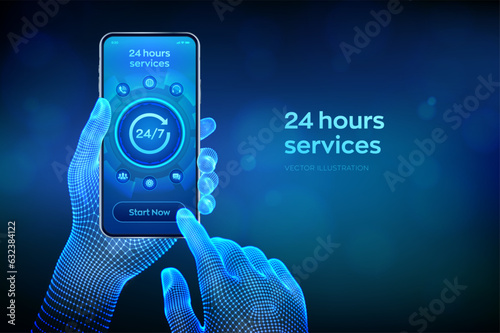 24 hours servises. 24-7 support. Technical support. Customer help. Tech support. Customer service, Business and technology concept. Closeup smartphone in wireframe hands. Vector illustration.