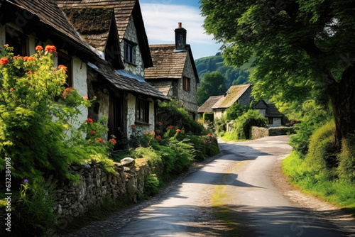A quaint village street with traditional thatched roof cottages. The cottages are white with black beams and have colorful flowers in the front gardens