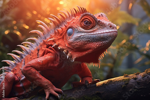 A red iguana on a tree branch in a tropical setting, spikes running down its back © Florian