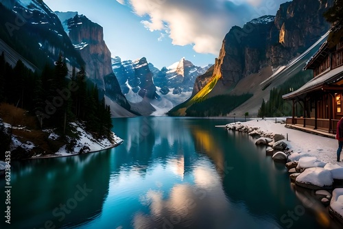 A lake surrounded by snow covered mountains under a clear sky, sunraising