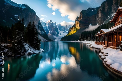 A lake surrounded by snow covered mountains under a clear sky  sunraising
