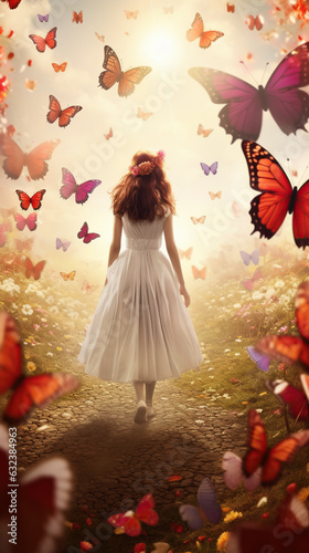 a beautiful girl in the surreal world of wonders. Giant mushrooms and vibrant colors