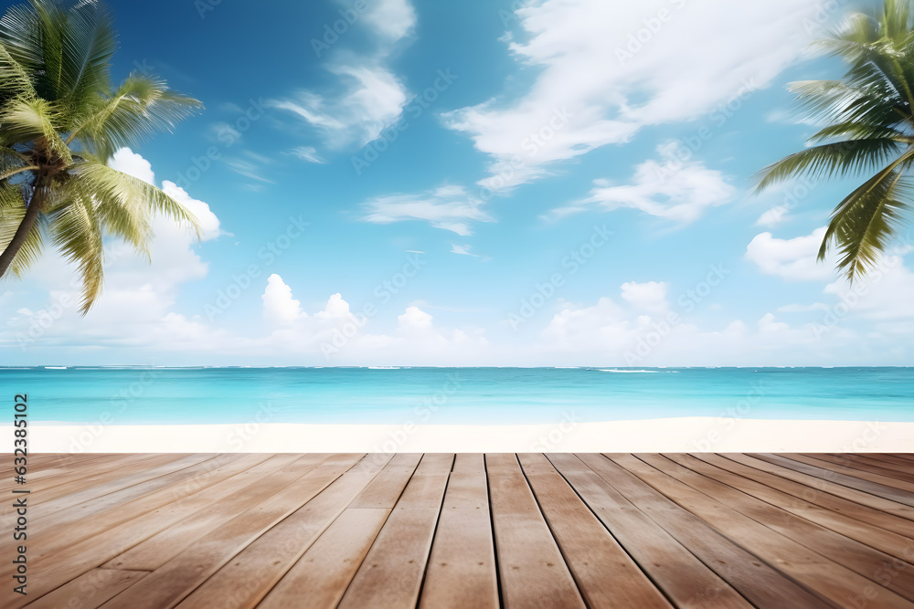 Summer tropical sea beach with waves, palm leaves and blue sky with clouds. Vacation landscape with empty wooden table for display of presentation product,  AI generate