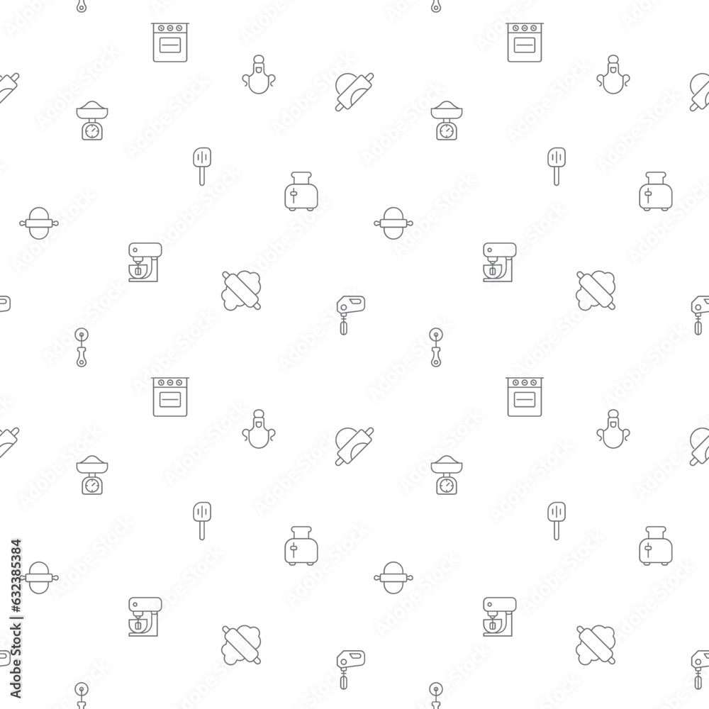 Seamless pattern with baking tool icon on white background. Included the icons as kitchen utensils, equipment, apron, kitchenware, bakery, scales, dough, rolling pin, oven And Other Elements. Seamless pattern with baking tool icon on white background. Included the icons as kitchen utensils, equipment, apron, kitchenware, bakery, scales, dough, rolling pin, oven And Other Elements.