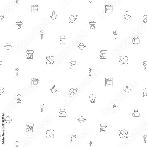 Seamless pattern with baking tool icon on white background. Included the icons as kitchen utensils, equipment, apron, kitchenware, bakery, scales, dough, rolling pin, oven And Other Elements.