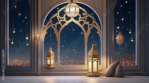Ramadan decoration banner illustration template with Arabic lantern background. copy space.