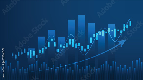 Financial business statistics with bar graph and candlestick chart show stock market price on dark background