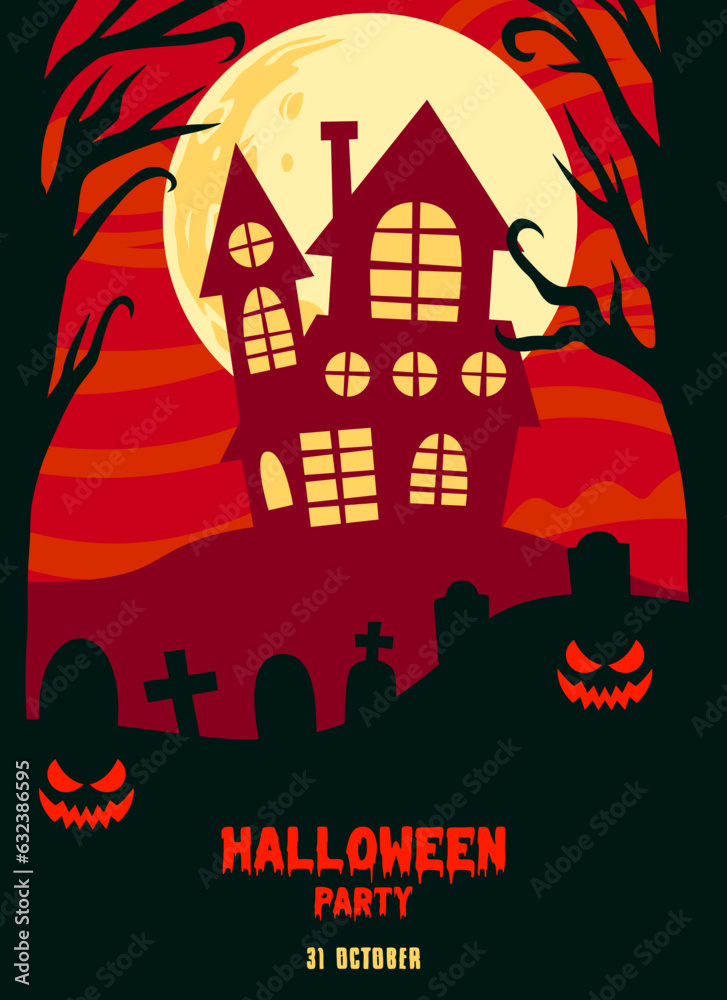 Halloween night background with creepy castle, pumpkins, and graveyard. Halloween party flat design. Halloween design template for poster, invitation, background, greeting card, social media content.