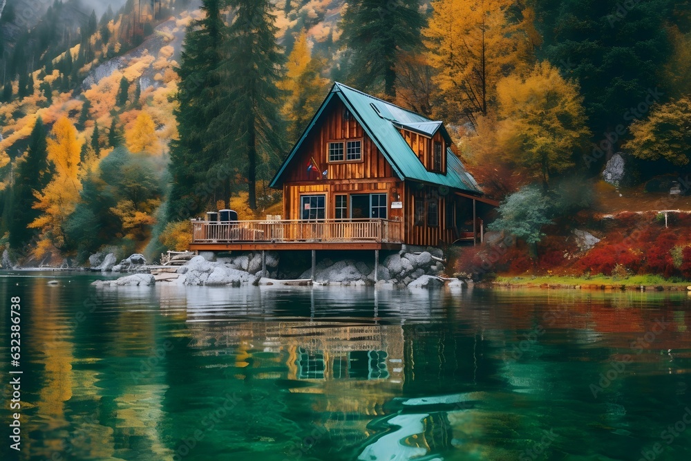 Fototapeta premium 湖畔の別荘 with generative ai