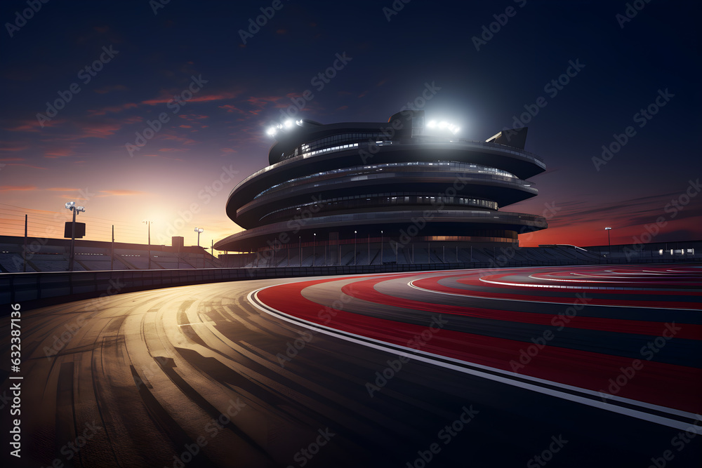 Fototapeta premium Curved asphalt racing track and illuminated race sport at stadium evening arena and spotlight, AI generate
