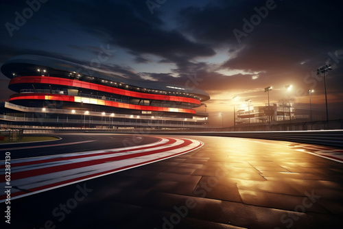 Curved asphalt racing track and illuminated race sport at stadium evening arena and spotlight, AI generate