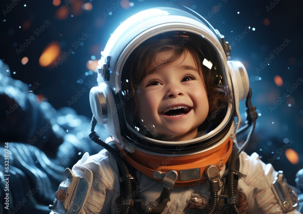 Smiling little boy in astronaut helmet against the background of the planet. created by generative AI technology. Smiling little boy in astronaut helmet against the background of the planet. created by generative AI technology.