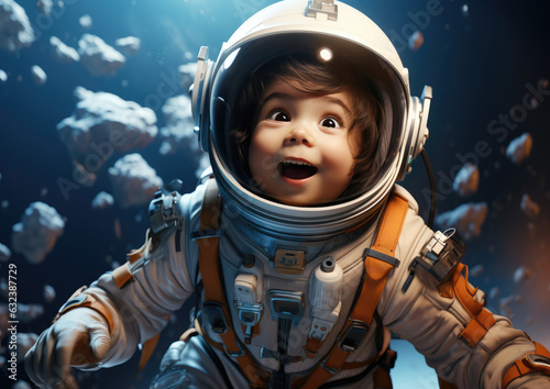Surprised little boy in astronaut helmet against the background of the planet. created by generative AI technology.