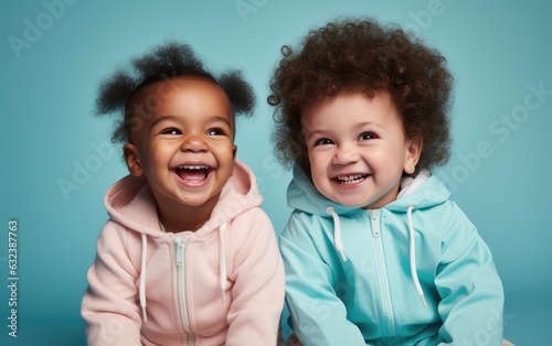 Portrait of happy little children in colorful clothes on blue background. created by generative AI technology.