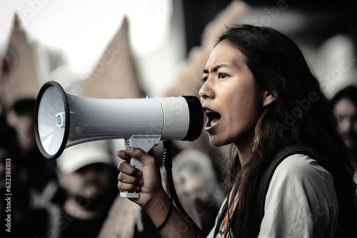 Latin American indigenous woman fighting for their rights and screaming with speaker in the streets