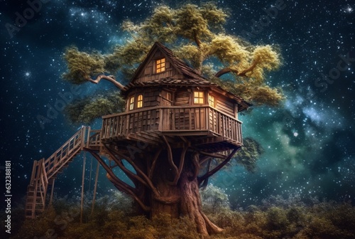 Tree house with a beautiful view of the sky at night. generative ai © LivroomStudio