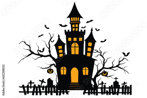 Haunted house halloween with bat, tree, grave, pumpin, elements
