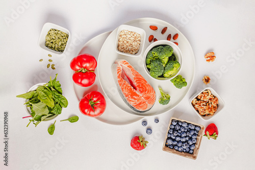 Different whole unprocessed products related to anti-inflammatory diet, variety of fresh healthy food