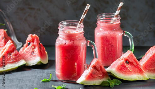 Smoothies with watermelon in jars on a dark background, horizontal orientation