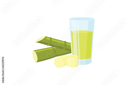 Fresh sugar cane juice with sliced sugar cane isolated on white background.