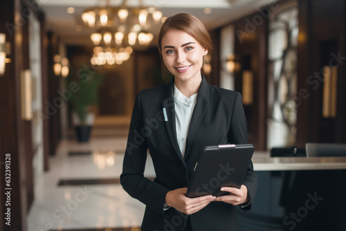 Foto female concierge confidently holds a tablet while standing at a hotel, eagerly p