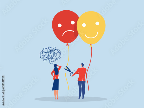 Businessman using scissors to cut rope on anchoring balloon between Positive thoughts shift from feeling sad Optimism and the power of mind to change mood, behavior, decision-making powers.vector