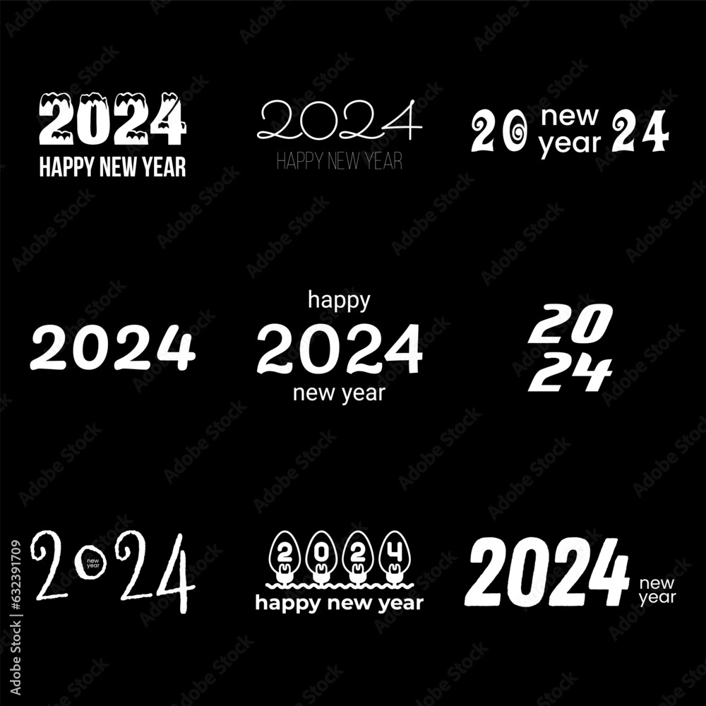 Collection of 2024 Happy New Year logo text design. Holiday concept. Vector illustration with white labels logo for calendars, diaries, stationery and notebooks on black background. Collection of 2024 Happy New Year logo text design. Holiday concept. Vector illustration with white labels logo for calendars, diaries, stationery and notebooks on black background.