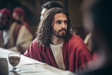 Jesus wearing red sash in the Last Supper, Gospels of Matthew, Mark, and Luke, where Jesus shares a final meal with His disciples before His crucifixion