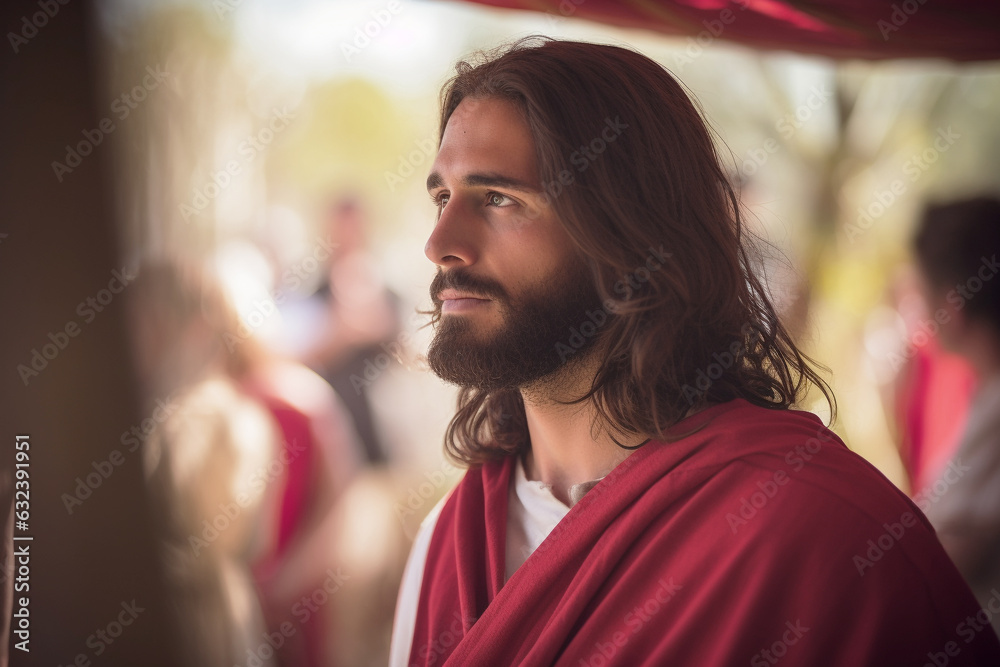 Jesus wearing a red sash in the biblical account of the raising of