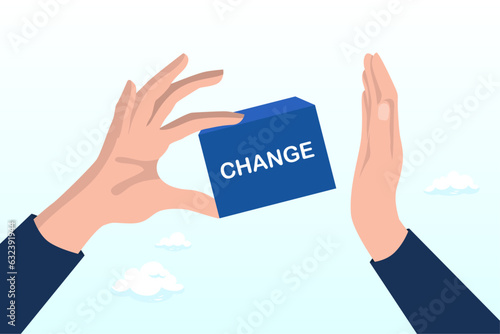 Businessman hand denied or refuse to get change cube box, status quo bias, fear or refuse to change, comfort zone or conservative thinking, afraid of changing risk or resist to make decision (Vector)