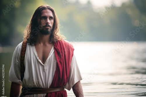 Jesus wearing a red sash walking on water in the Gospel of Matthew (Matthew 14:22-33), meet his disciples who are in a boat during a storm
