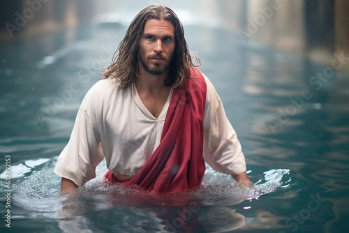 Jesus wearing a red sash walking on water in the Gospel of Matthew (Matthew 14:22-33), meet his disciples who are in a boat during a storm