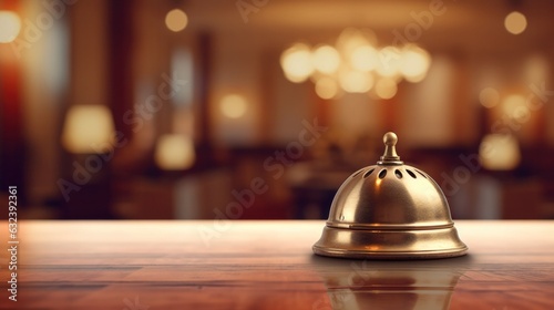 Hotel service bell against hotel reception counter desk on blurred background.