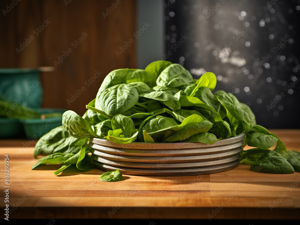 A Close Up of Spinach on a Table in a Kitchen with a Shallow Depth of Field A Close Up of Spinach on a Table in a Kitchen with a Shallow Depth of Field