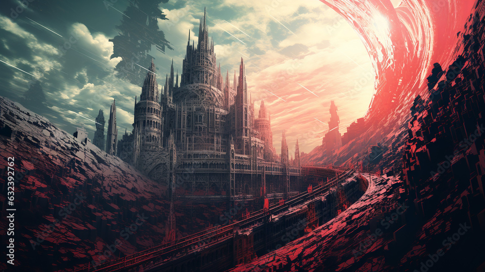 Fototapeta premium Pixel Enchantment: Where Dragons Roam Among Glitched Towers