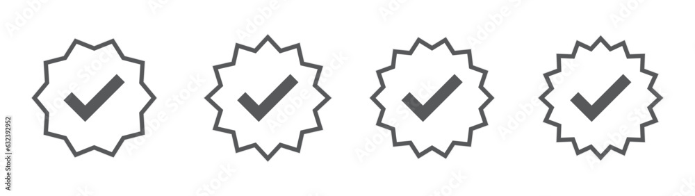 Approval set icons, Flat verified profile icon with soft grey outline. Tick in rounded corners star. Check mark sign. Verification Vector illustration. Symbol of approval. Approval set icons, Flat verified profile icon with soft grey outline. Tick in rounded corners star. Check mark sign. Verification Vector illustration. Symbol of approval.