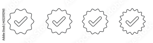 Verification icon set, Guaranteed stamp or verified badge. Verified icon stamp. Approved line icon vector. Checklist icon vector. Approved profile sign. Tick in rounded corners star. Check mark symbol