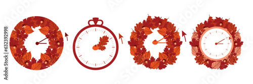 Clock switch to winter time. Daylight saving time ends. Set of a clocks in a floral frame of autumn orange foliage and turning an hour back. Flat vector  illustration.