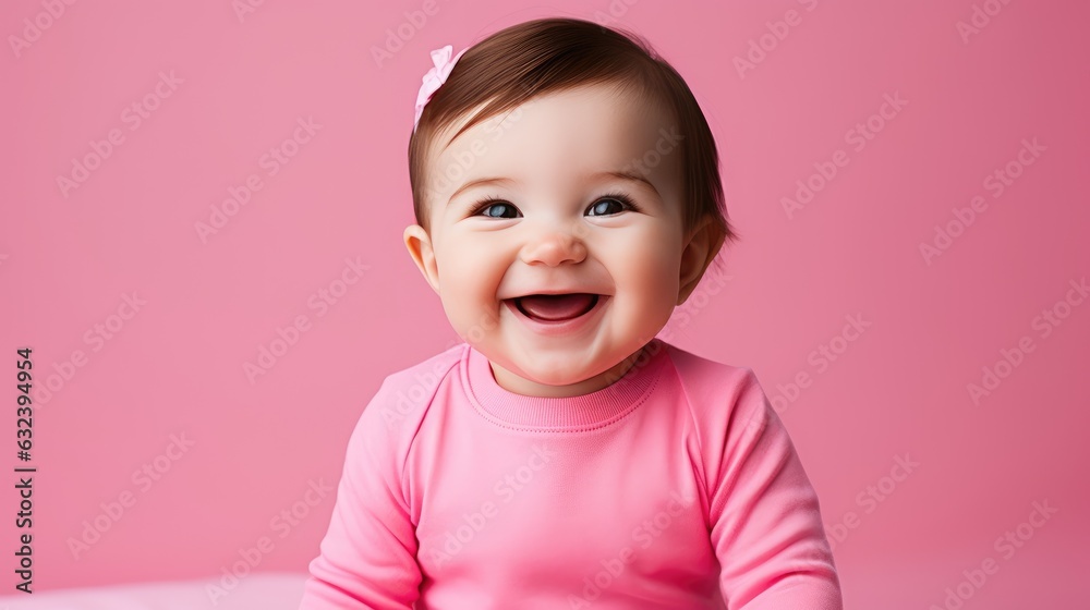 Portrait of a laughing baby in a pink T-shirt on a pink background. created by generative AI technology. Portrait of a laughing baby in a pink T-shirt on a pink background. created by generative AI technology.