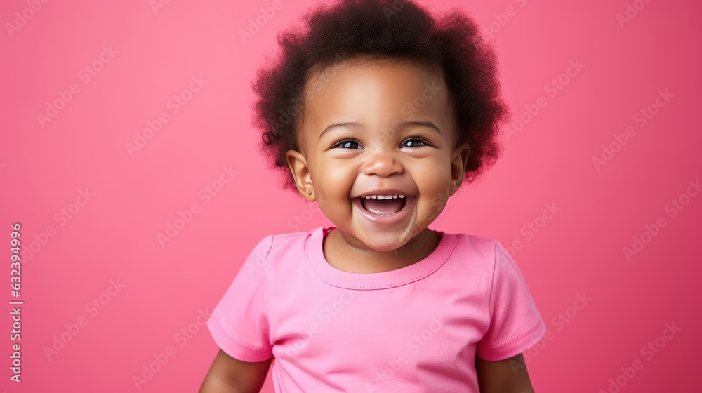 Portrait of a cute little African American baby laughing on pink background. created by generative AI technology. Portrait of a cute little African American baby laughing on pink background. created by generative AI technology.