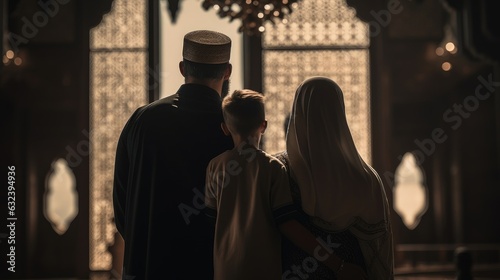 Muslim family view mosque. muslim family eid greetings back view  Jumma Mubarak