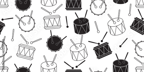 black white drums and drum sticks seamless pattern