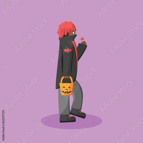 Child in Black Vampire Outfit Costume, Cute Halloween Vector