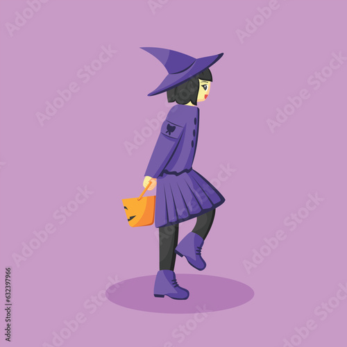 Girl in Purple Witch Outfit Costume, Cute Halloween Vector