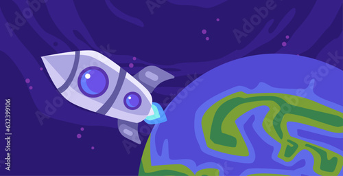 vector illustration of outer space background, astronaut rocket launching with space view 