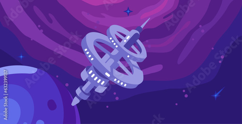 vector illustration of outer space background, satellites near planets and stars 